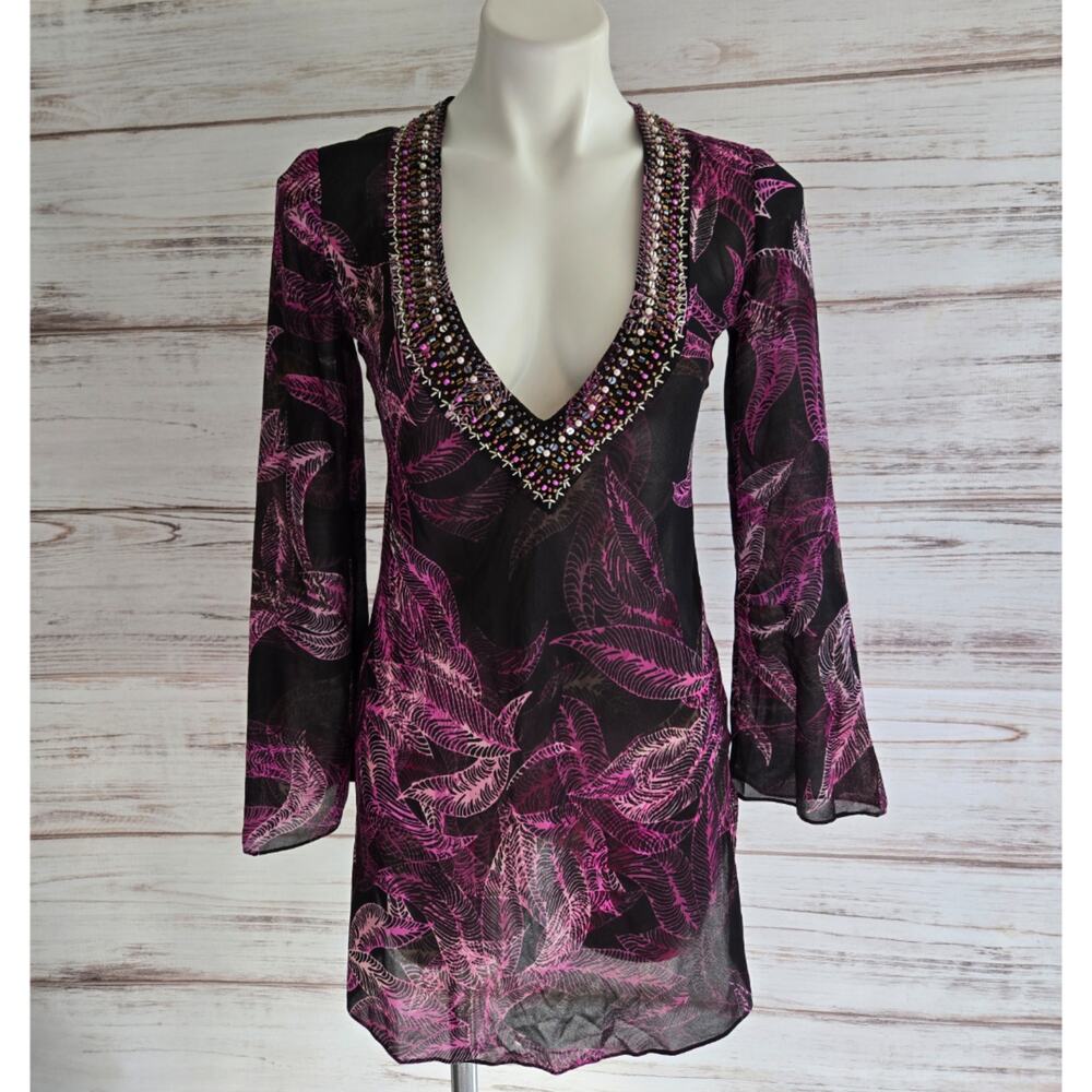 Moda International Sheer Purple and Black Tropical Print Swim Coverup sz XS